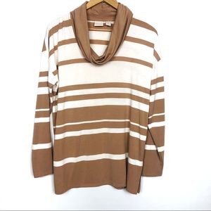Chico’s Tan Brown Striped Cream Cowl Neck Top